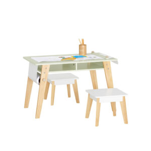 SoBuy STŮL se 2 dětskými stoličkami a 1 policí Zelená 80x48x50cm Nordický