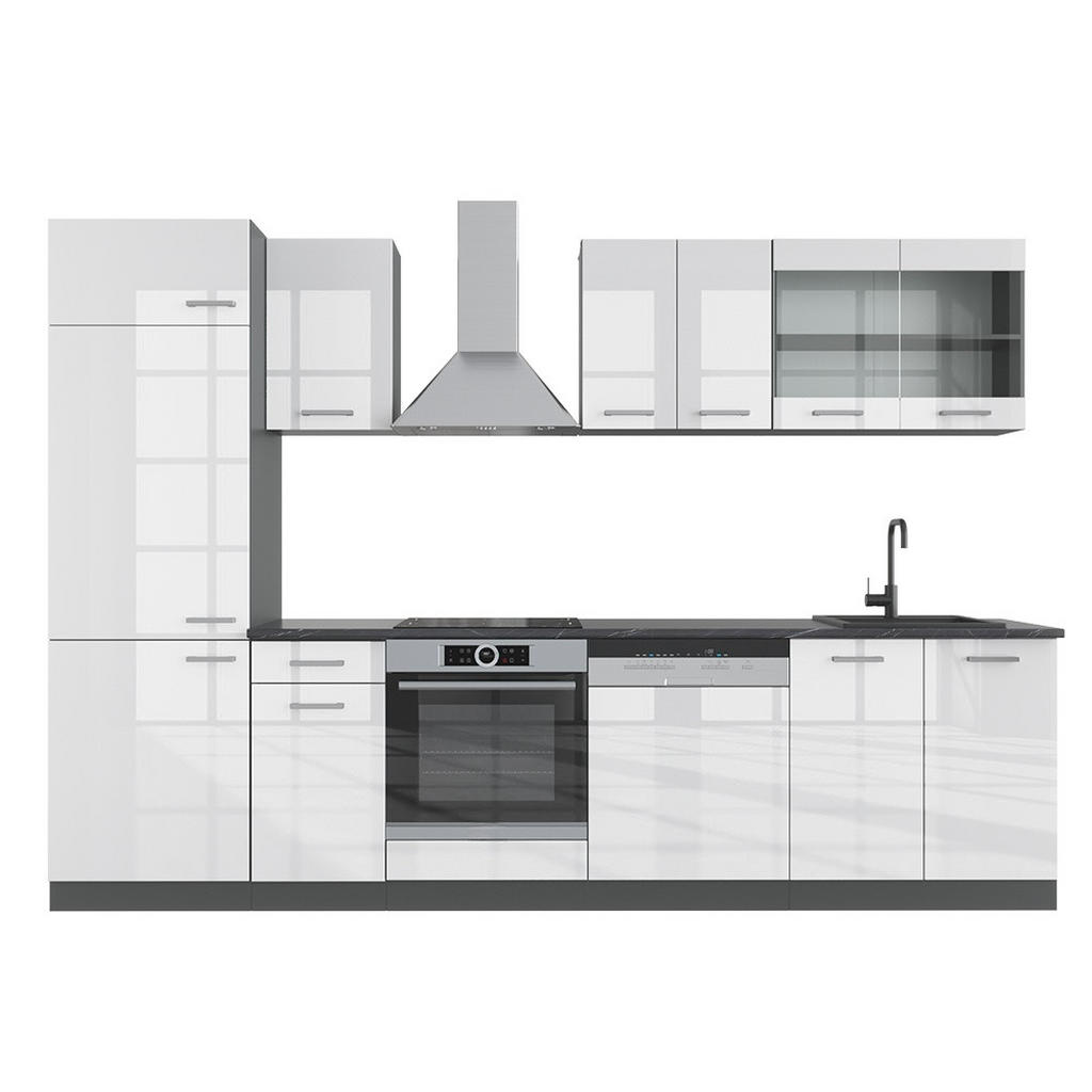 Vicco KUCHYŇSKÝ KOUT R-Line Bílý vysoký lesk/antracit 300 cm bez pracovní desky